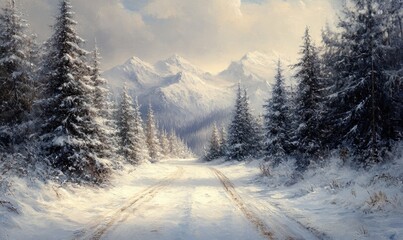 Obraz premium A painting of a snowy road with trees in the background