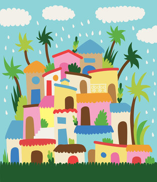 Village with Colorful Buildings and Palms