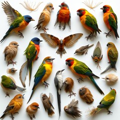 Obraz premium Pastel Knolling Birds Flatlay, A Collection of Delicate Bird Specimens Including Small Songbirds, Displayed on a White Background