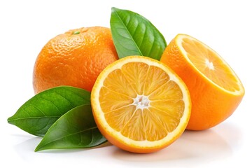 Whole orange and a half orange with a leaf on top