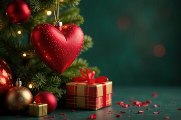 Red heart Christmas tree topper shining brightly, holiday decor, gift boxes