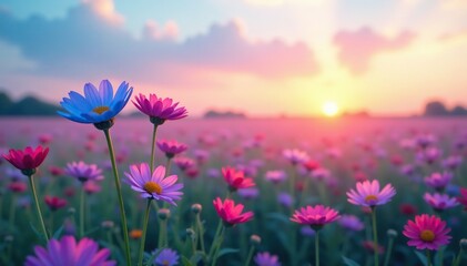 Fototapeta premium Soft pastels of dawn creep over a field of wildflowers swaying in the morning breeze, flower, blue, pink