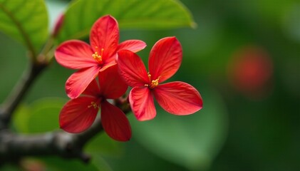 Naklejka premium Red antholyza aethiopica flower on tree branch, flower, leafy