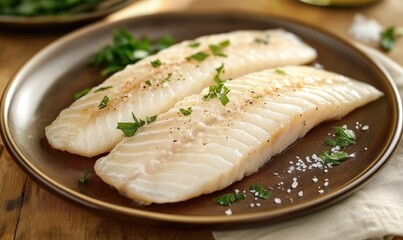 Two pieces of fish are on a plate with parsley and salt