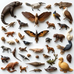 Fototapeta premium Vintage Animal Knolling, A Hyperrealistic Display of Rare Wildlife Miniatures, Arranged in an Artistic Flatlay on White