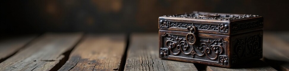 Dark wooden box with intricate carvings sits on a rustic wooden surface, gift, dark, wooden background