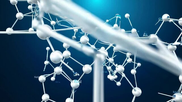 White molecules rotating slowly against a blue gradient background in a split screen montage, creating a scientific and technological atmosphere