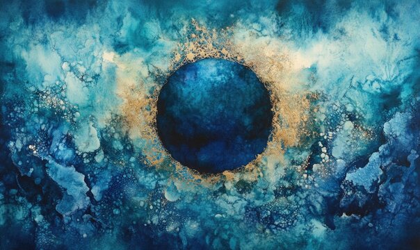 A painting of a blue circle with gold swirls in the middle