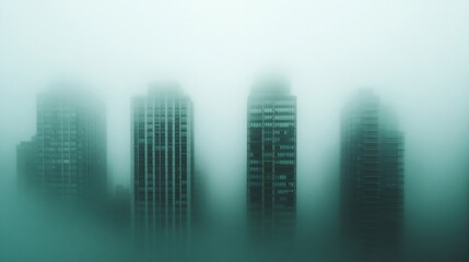 Fototapeta premium Green tinted city skyline silhouettes in fog or mist with blurred skyscrapers and office buildings creating moody urban landscape. Modern minimal abstract architectural background