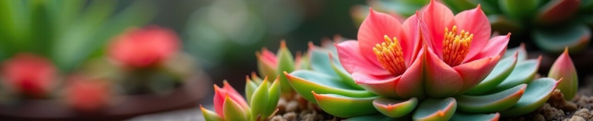 Fototapeta premium Red Euphorbia Geroldi blooms in a delicate pinkish-red hue on a soft green succulent plant, pink,