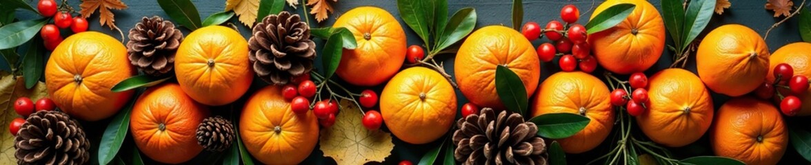 Wreath made of fresh oranges and pinecones with red berries, pinecones, autumn leaves, floral arrangement