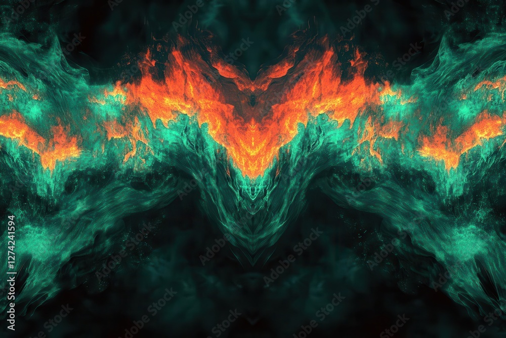 Wall mural abstract emerald flames dancing against obsidian background, digital fractal patterns creating super