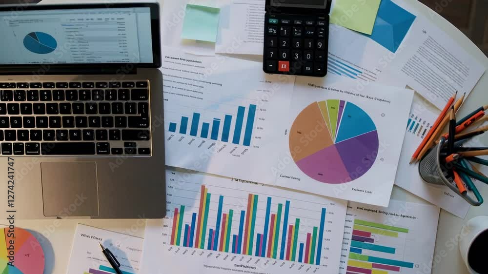 Poster Marketing and finance documents with charts and graphs are laying on a white table with a laptop and calculator, captured in a slow motion sequence