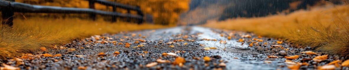 Autumn landscape with wet gravel road and fallen leaves under overcast sky in a tranquil countryside setting