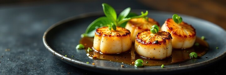 Dark Slate with Pan-Seared Scallops and Citrus Sauce, gourmet, appetizer, artistic platter