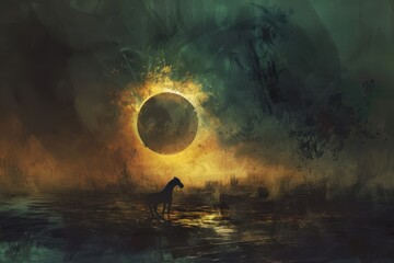 Dramatic sunset at a desert landscape with an eclipse casting a shadow over rocky formations and a lone figure in the foreground