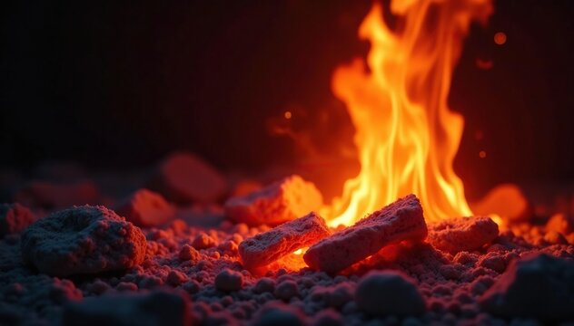 Fiamma ardente di fuoco rosso che emana calore, flames, light, cozy