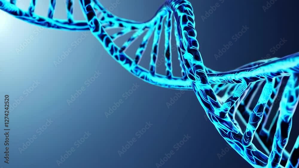 Poster rotating blue double helix structure revealing intricate genetic details from multiple perspectives,