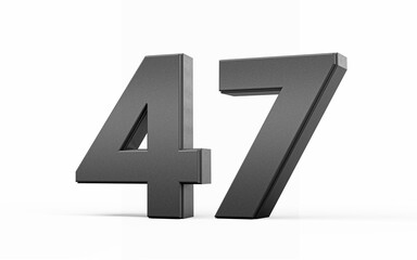 Sleek metallic Black number 47 Forty seven standing on a white background, 3d illustration