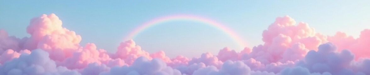 Soft pink clouds against blue sky with pastel rainbow, serene, sky