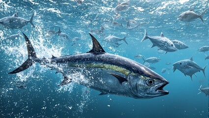 Fototapeta premium Sleek blackfin tuna speeds through school of fish