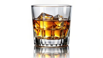 Whiskey on the rocks in rocks glass on white background