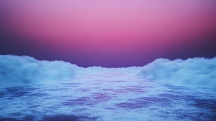 Surreal winter landscape with frozen lake under purple pink sunset sky. Arctic scene with snow covered ground and crystal ice reflections. Digital art design for wallpaper