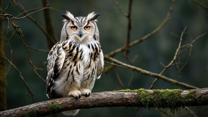 Fototapeta premium White owl on a tree in the forest