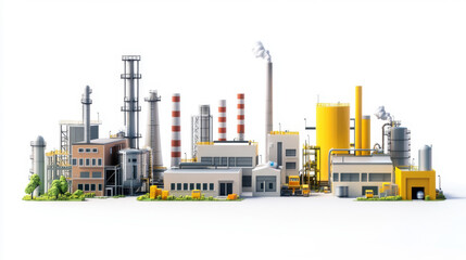 Obraz premium 3D illustration of a chemical factory with smokey towers. Conceptual global warming with buildings isolated on white background.