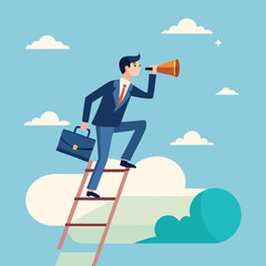 Flat illustration of businessman climb up ladder to job search bar with binocular on sky seeking new employment opportunity