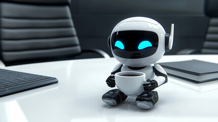 robotic assistant with glowing blue eyes is serving coffee in modern office setting, creating futuristic atmosphere