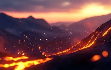Fiery lava flowing down a volcanic landscape at sunset, with mountains in the background