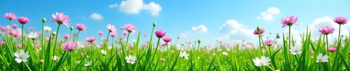 Fototapeta premium Field of lush garlic chives in bloom under clear blue sky, flowers, blue sky, garlic chives
