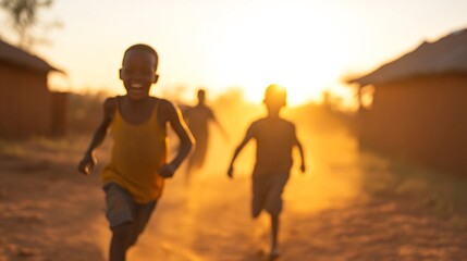 Fototapeta premium African children running at sunset in rural village. Kids playing outdoors in dusty golden light. Summer outdoor activity. Silhouettes of happy childhood in Africa with copy space