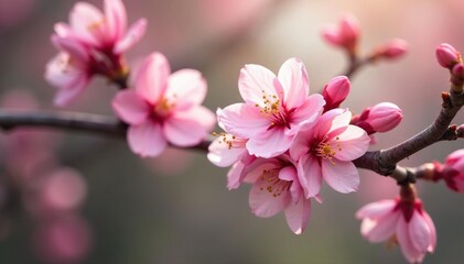 Obraz premium Delicate pink flowers bloom on peach tree branches, botanical, branch, flowers