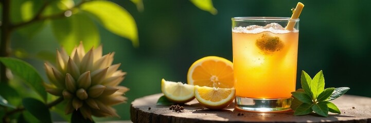 Fototapeta premium Kanna Sceletium in doypack beside citrus cocktail glass, relaxation, calm, herbalism