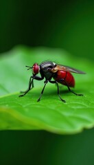 Naklejka premium Red Footed Cannibalfly on a large leaf resting, bug, green