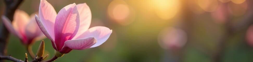 Soft pink delicate petals of magnolia flowers unfolding on a spring morning, garden, delicate