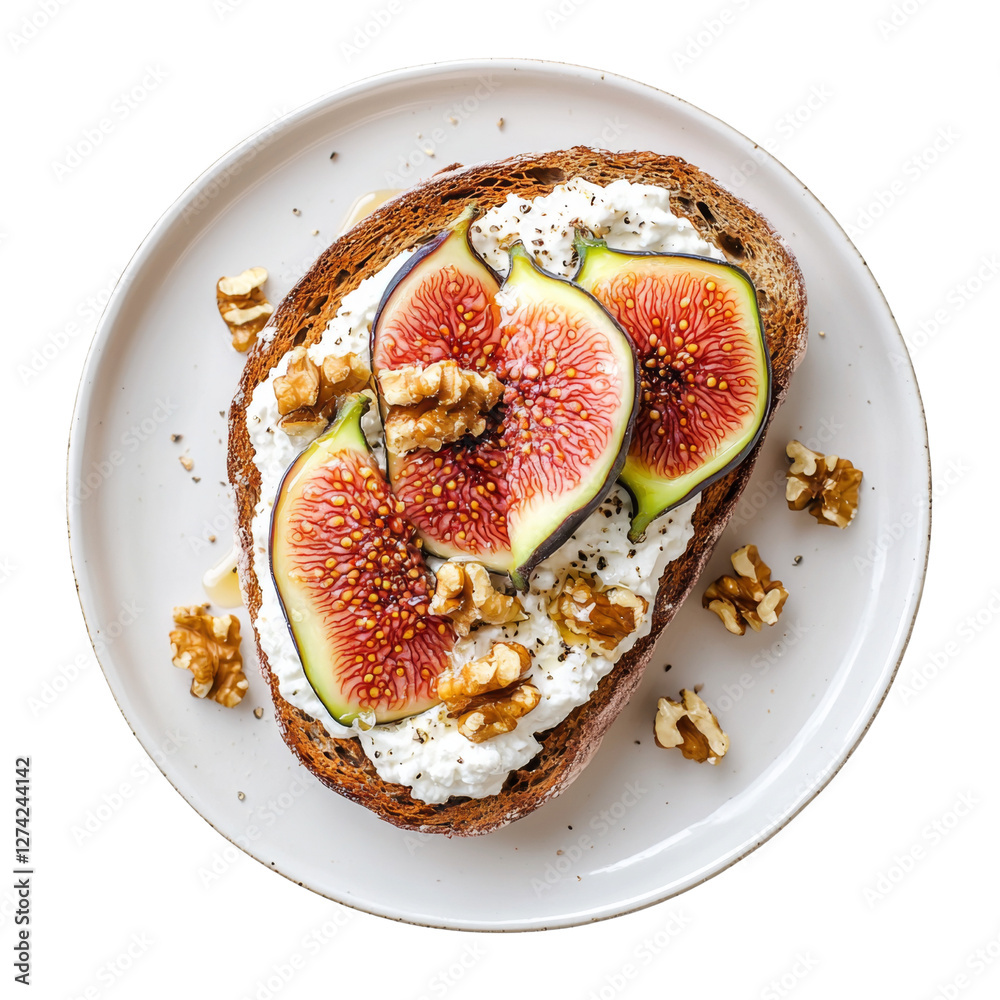 Poster creamy ricotta spread on toasted bread topped with fresh figs and walnuts, creating delicious and he