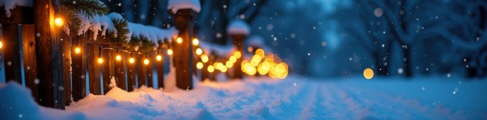 Fototapeta premium Blue and yellow Christmas lights on a snowy fence, winter, yellow, background