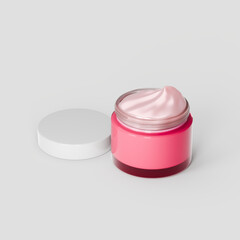 Open Pink cosmetic jar with a white lid, containing cream. Minimalistic design, 3d illustration