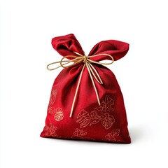 a fiery red money bag with golden embroidery, bold and powerful wealth symbol, ultra-detailed luxury concept, isolated on white background