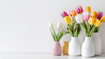 Spring decor â€“ vases with tulips, space for a logo. 