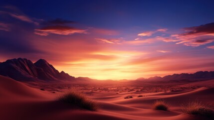 Naklejka premium A stunning desert landscape at sunset, showcasing vibrant hues of orange and purple illuminating the vast sandy dunes and distant mountains under a serene sky.