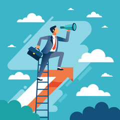 Flat illustration of businessman climb up ladder to job search bar with binocular on sky seeking new employment opportunity