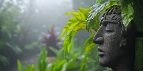 Fototapeta premium Stone Head Sculpture in Tropical Foliage