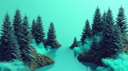 Enchanting Teal Forest Isles Surreal Minimalist Landscape with Misty Pines