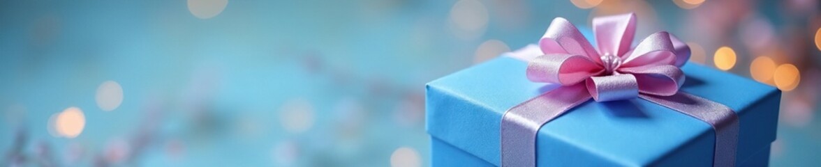 Blue gift box wrapped in a ribbon with delicate bows, pretty, colorful