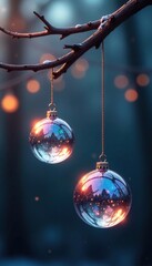 Iridescent glass balls hang from a bare tree limb, Tree branch decor, Shimmering effect