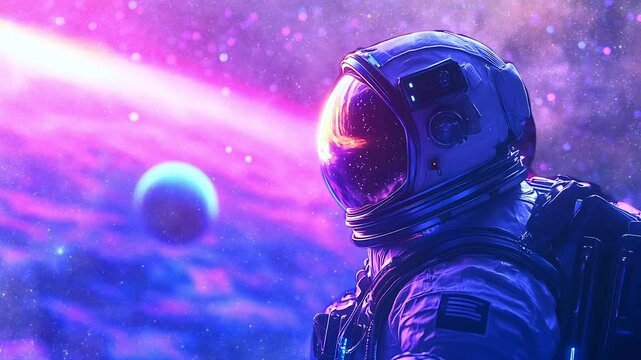 Astronaut floating in deep space with a mesmerizing neon cosmic glow. Seamless looping time lapse animation video background.  
